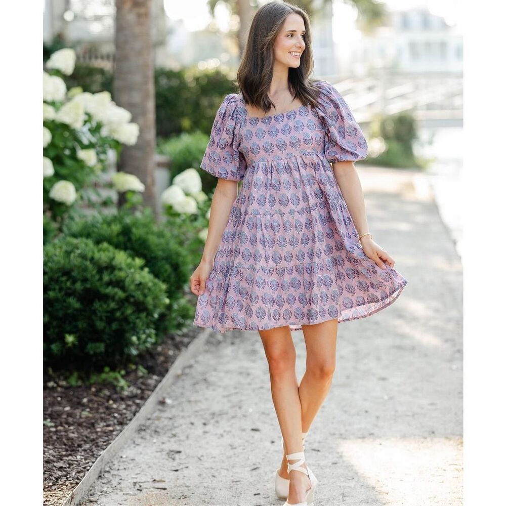 Victoria Dunn Floral Block Print Dress Lavender XS